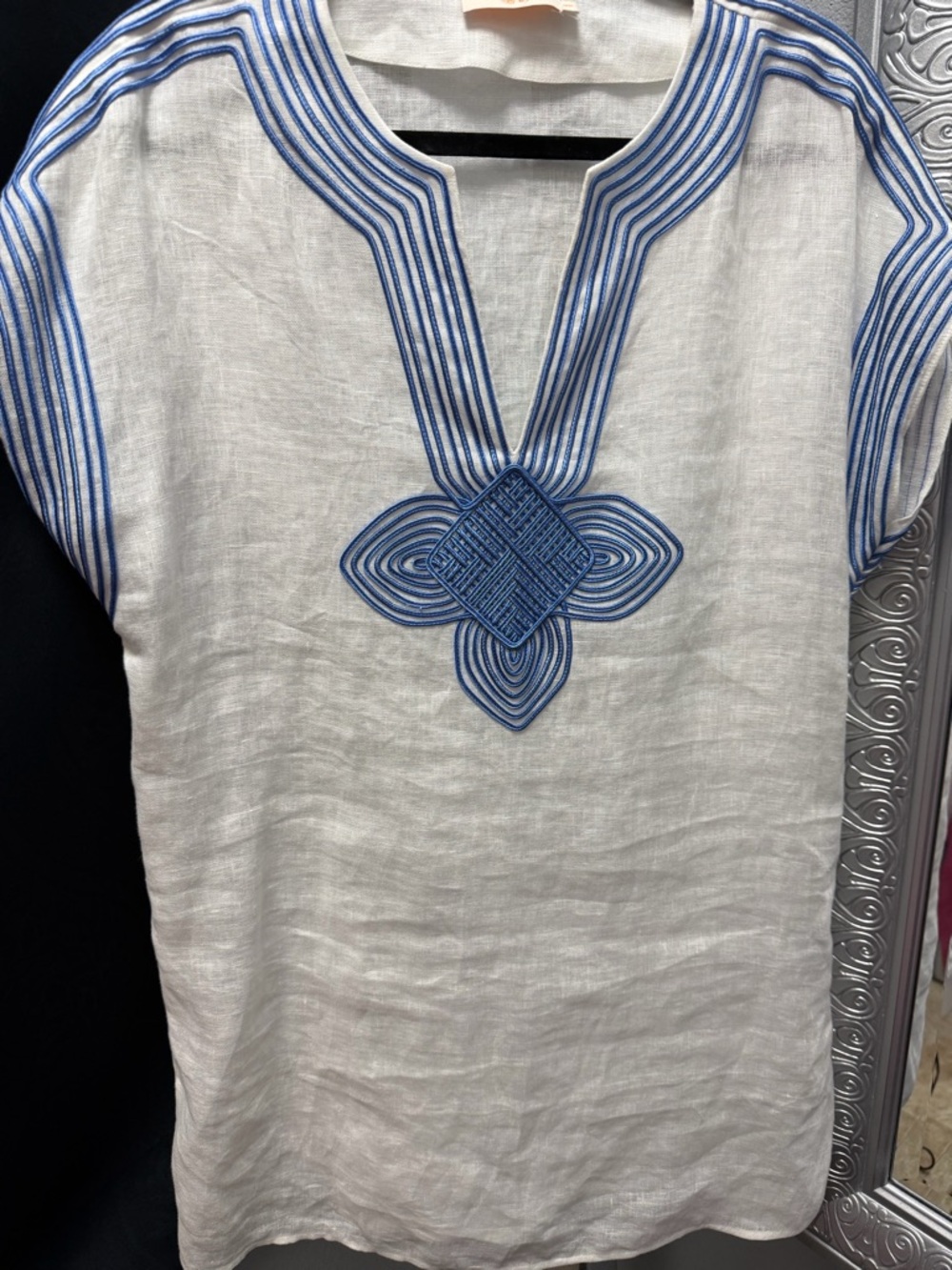 Tory Burch White Linen Shirt with Blue Embroidery